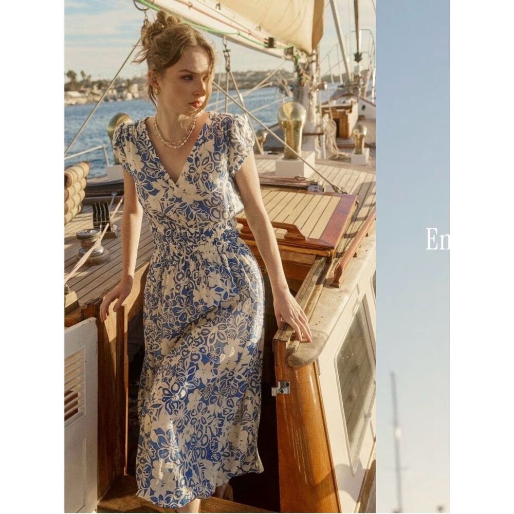 Current Air Blue White Floral Balloon Hem Midi Dress Smocked Waist Pockets Sz M - Picture 5 of 12